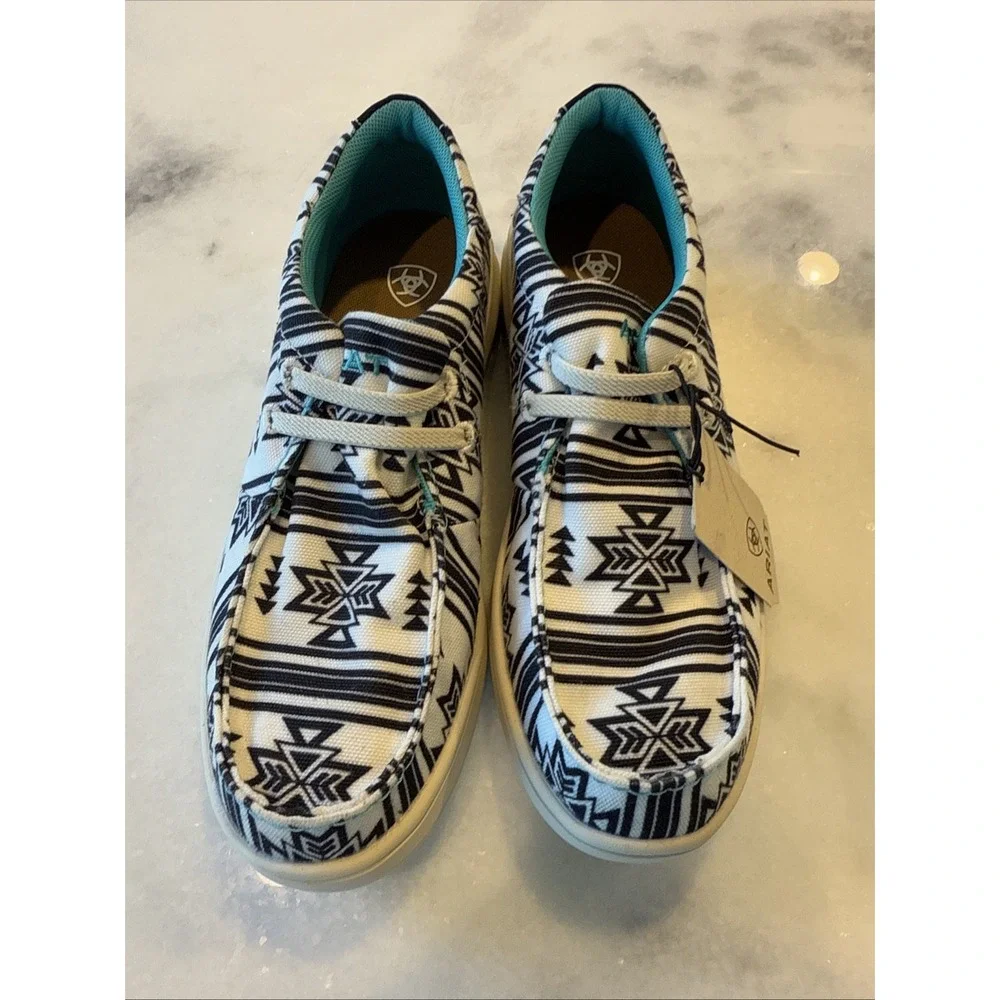 Ariat Hilo‎ Kids 4 Black White Stark Southwest Canvas Lace Up Loafers 10050911